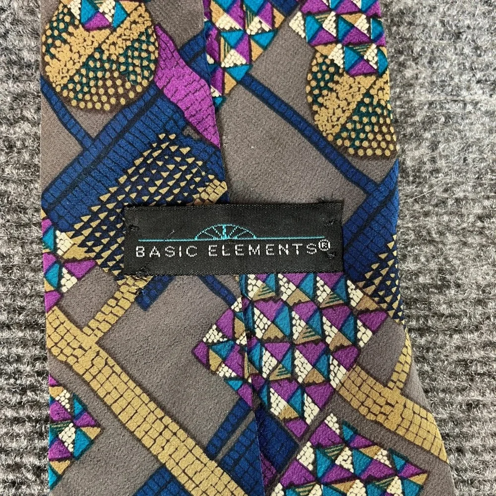 Basic Elements Mens Silk Tie Geometric Abstract Italian Fabric Grey Purple USA